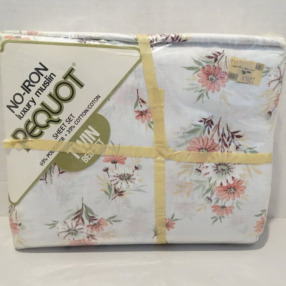 Vintage Pequot Floral Twin Sheet Set Flat Fitted Pillowcase Pink No-Iron Muslin